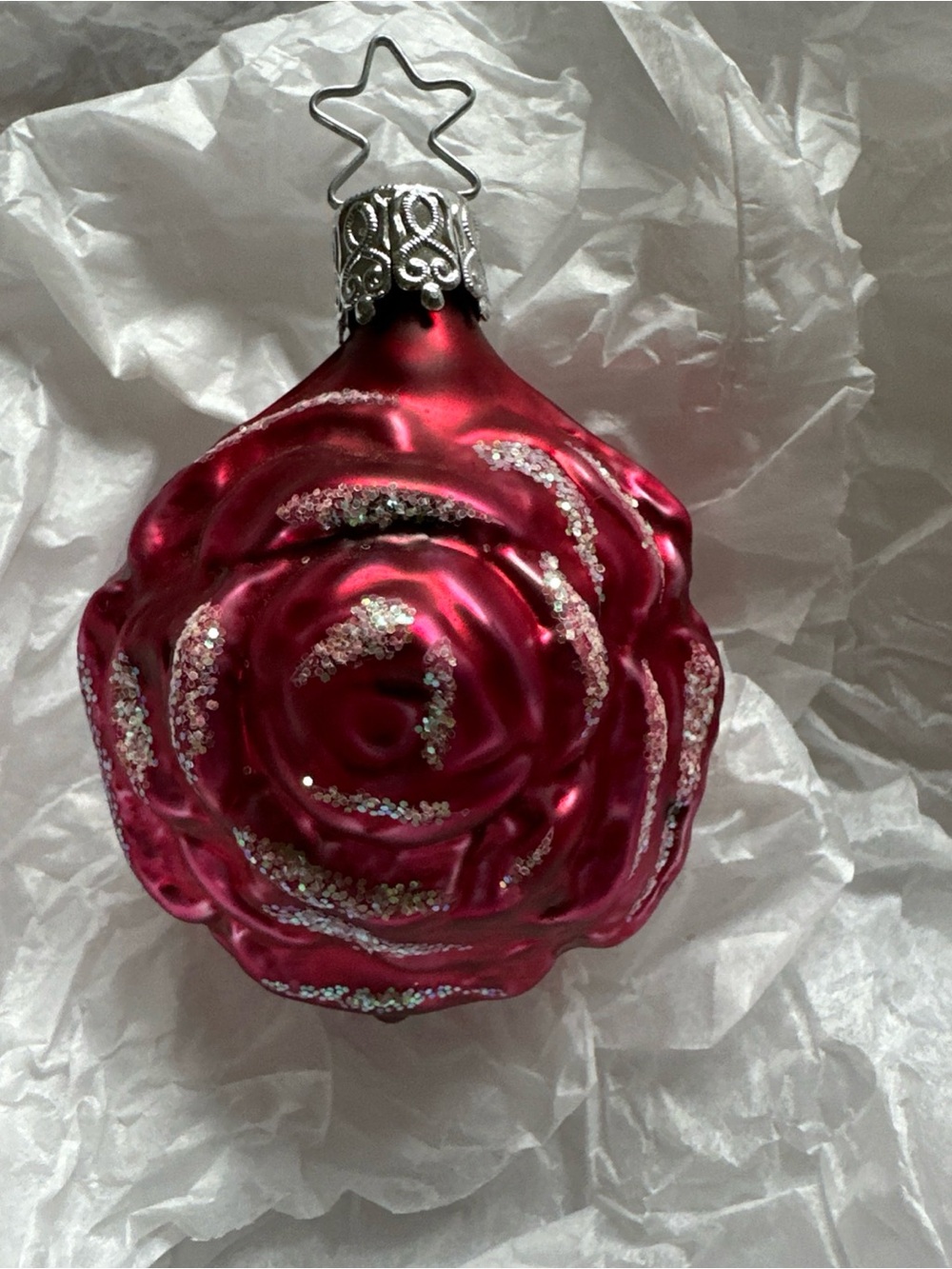 Vintage Red Rose blown Glass Christmas Ornament with Glitter Accents